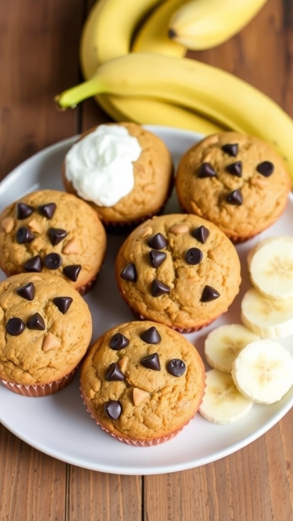 Freshly baked peanut butter banana muffins on a plate, topped with chocolate chips and served with sliced bananas and Greek yogurt.